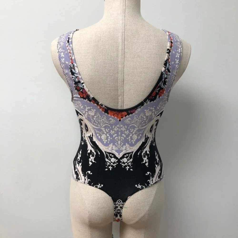Free People Bodysuit Womens Large Multi Floral Keyhole Snap Crotch Thong